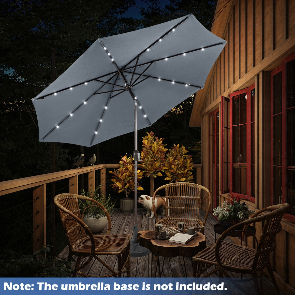 Solar Powered LED Lighted Patio Umbrella with Tilt and Crank-Grey
