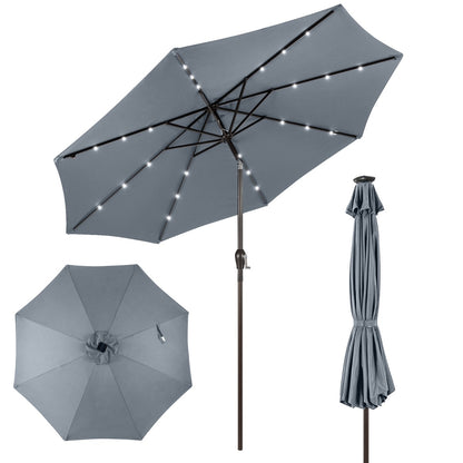Solar Powered LED Lighted Patio Umbrella with Tilt and Crank-Grey