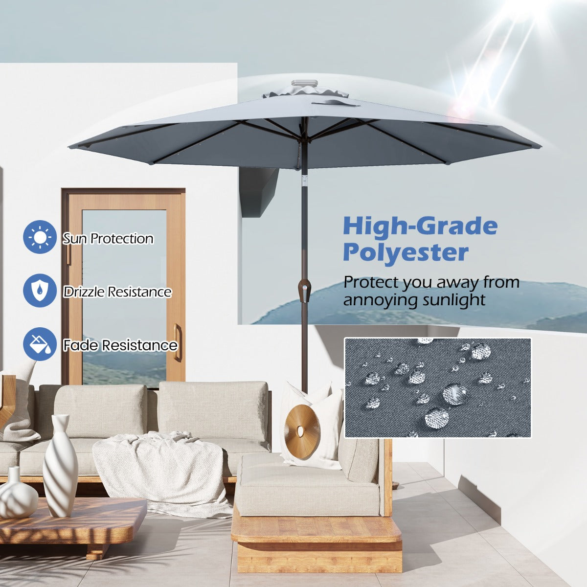 Solar Powered LED Lighted Patio Umbrella with Tilt and Crank-Grey