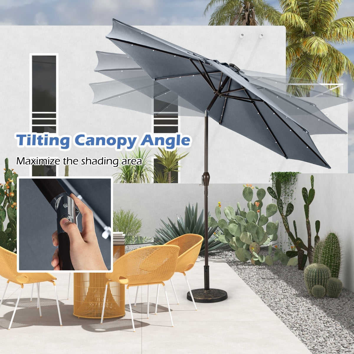 Solar Powered LED Lighted Patio Umbrella with Tilt and Crank-Grey