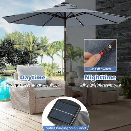 Solar Powered LED Lighted Patio Umbrella with Tilt and Crank-Grey