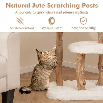 Solid Wood Cat Tree with Perch and Natural Jute Scratching Posts-White