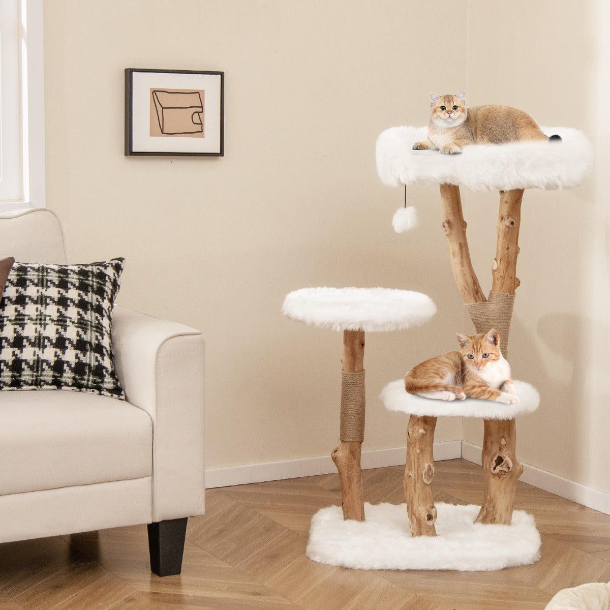 Solid Wood Cat Tree with Perch and Natural Jute Scratching Posts-White