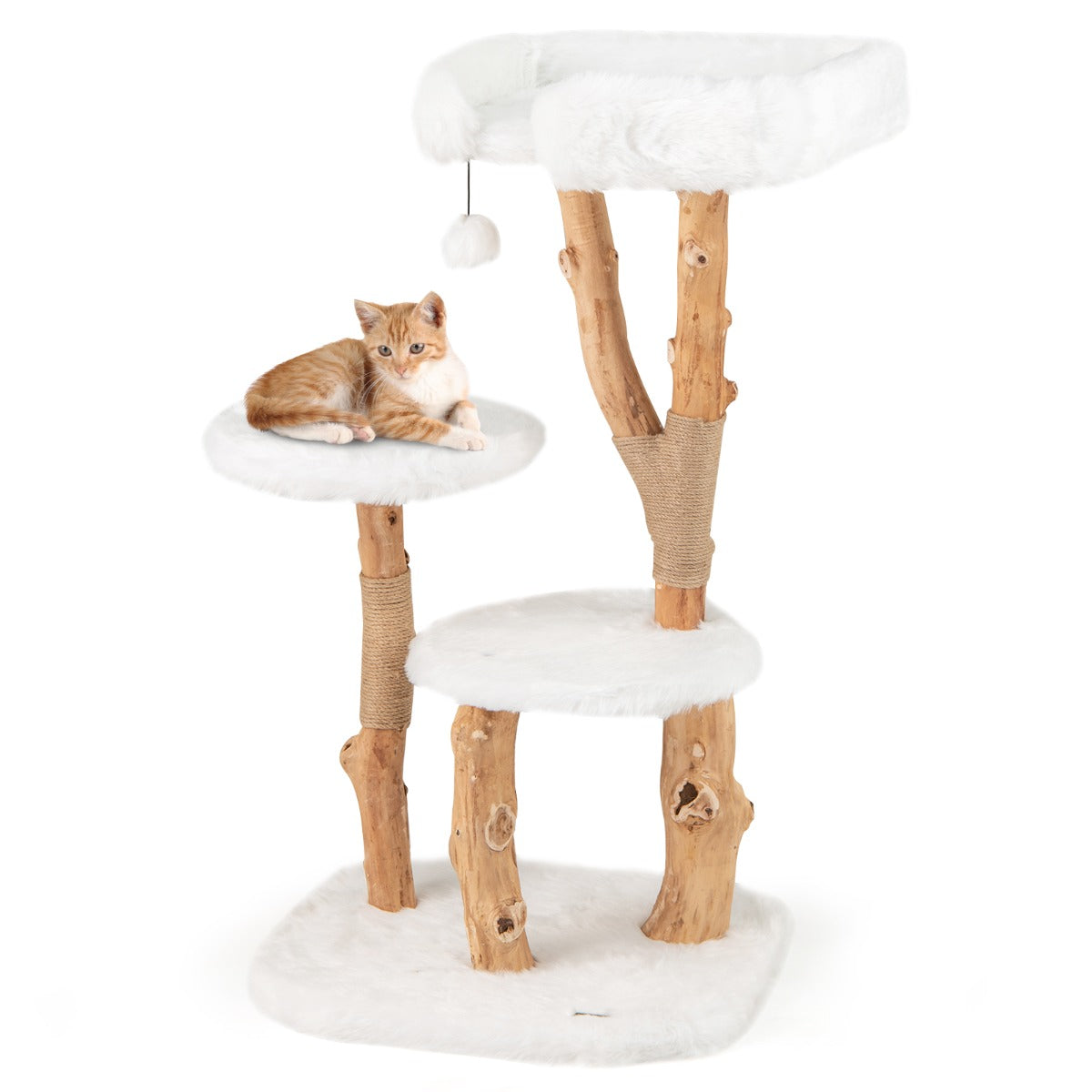 Solid Wood Cat Tree with Perch and Natural Jute Scratching Posts-White