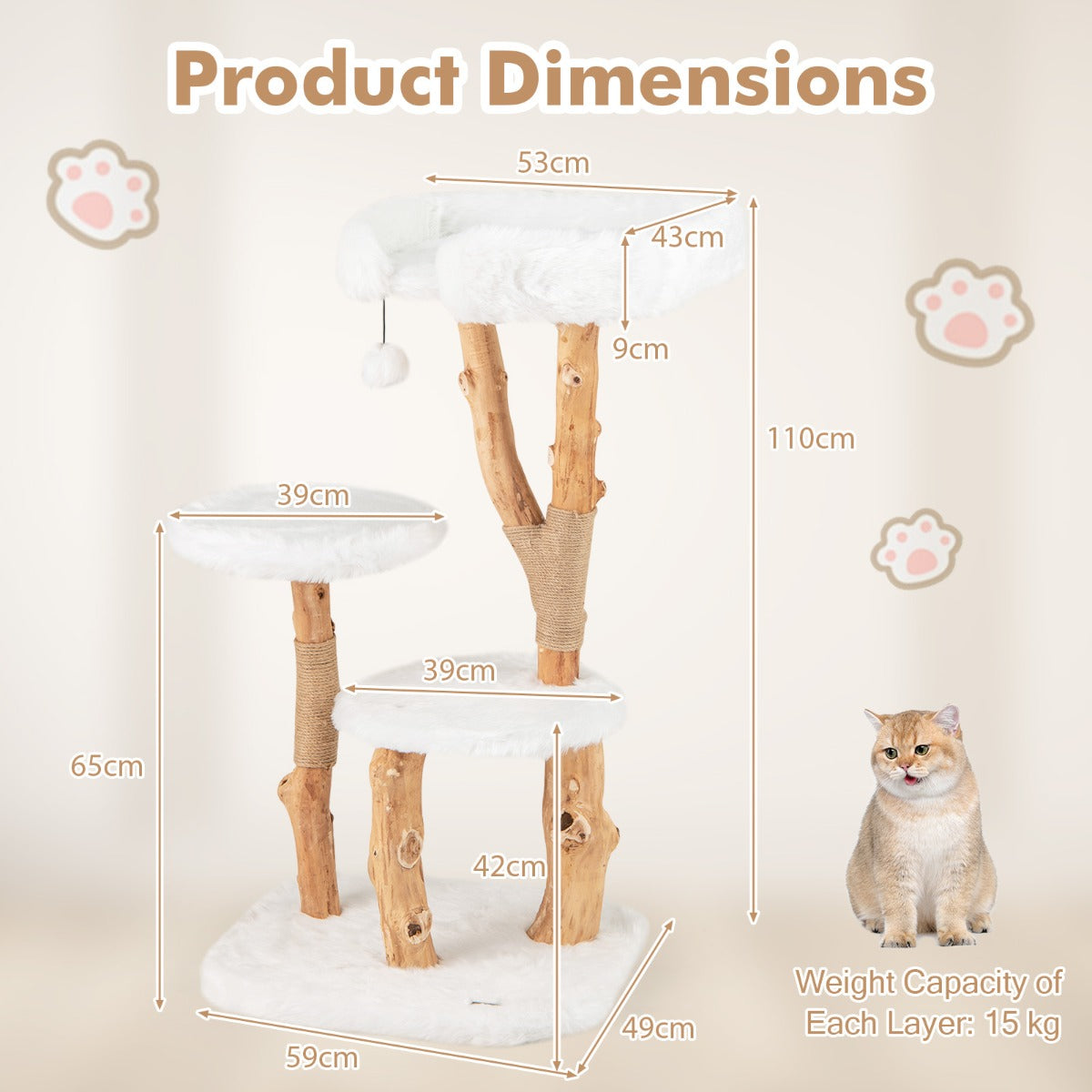 Solid Wood Cat Tree with Perch and Natural Jute Scratching Posts-White