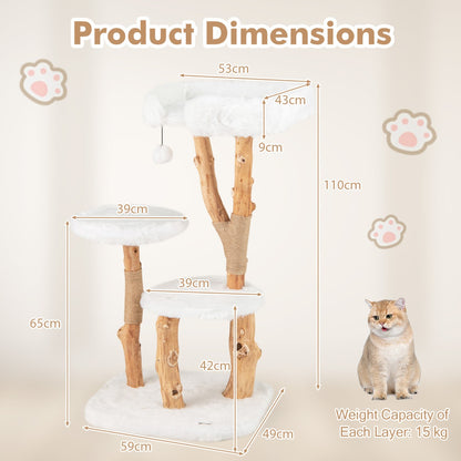 Solid Wood Cat Tree with Perch and Natural Jute Scratching Posts-White