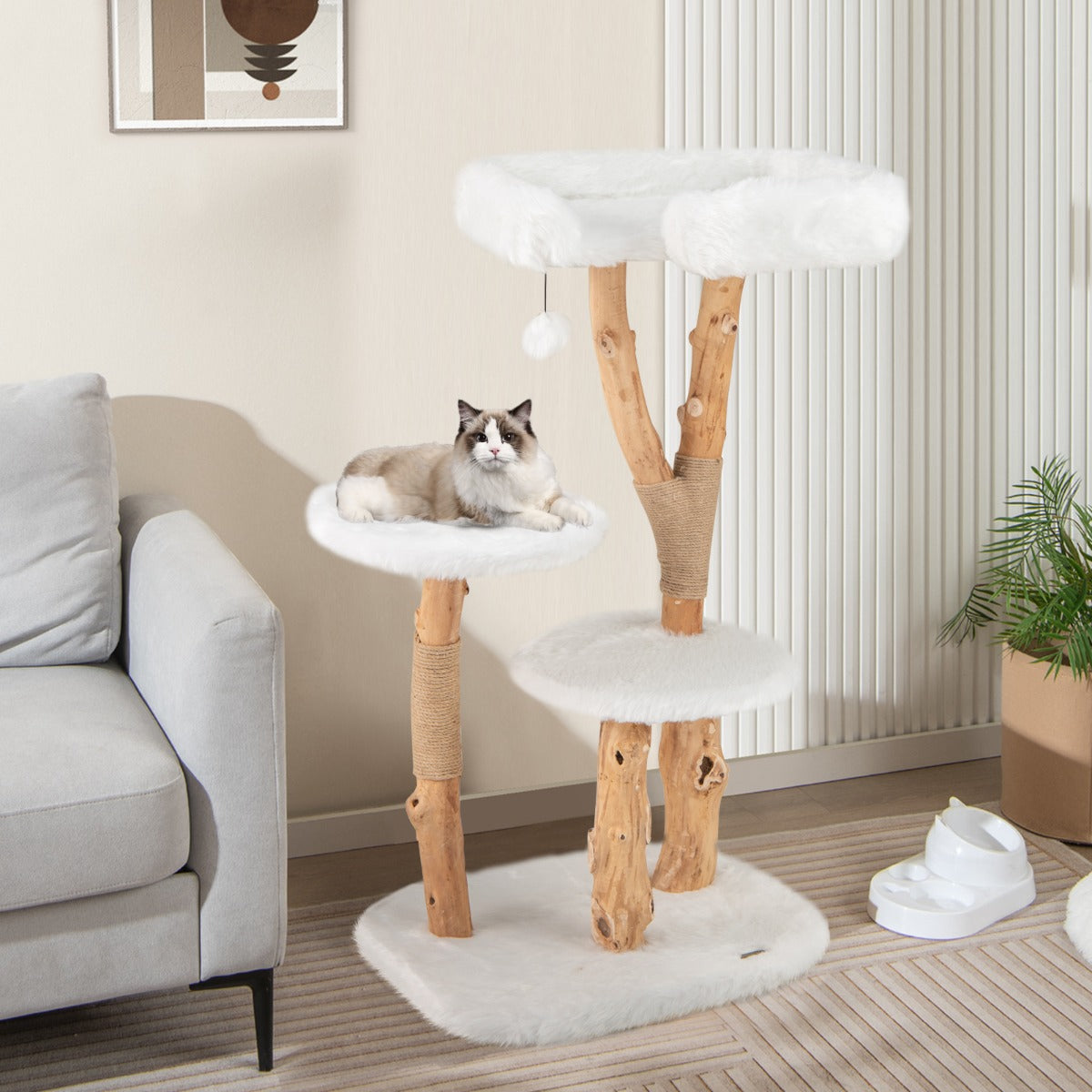 Solid Wood Cat Tree with Perch and Natural Jute Scratching Posts-White