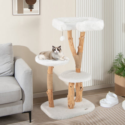 Solid Wood Cat Tree with Perch and Natural Jute Scratching Posts-White
