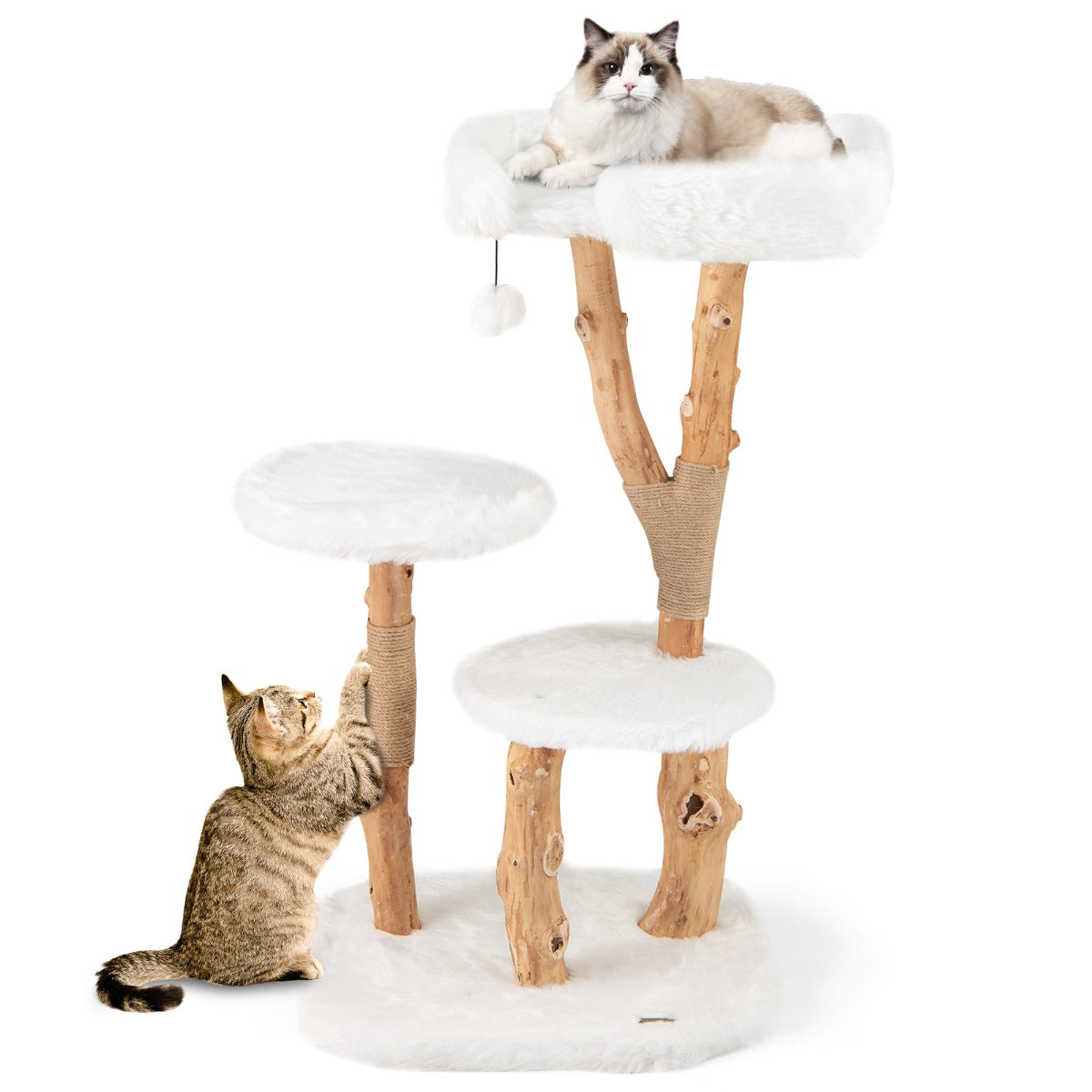 Solid Wood Cat Tree with Perch and Natural Jute Scratching Posts-White