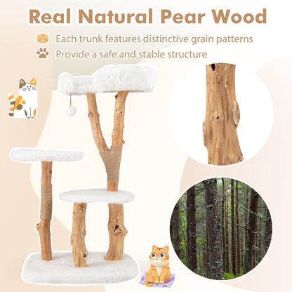 Solid Wood Cat Tree with Perch and Natural Jute Scratching Posts-White
