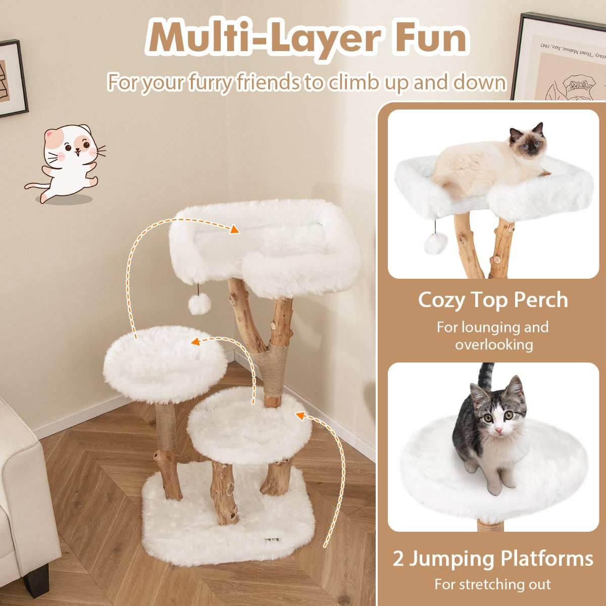 Solid Wood Cat Tree with Perch and Natural Jute Scratching Posts-White