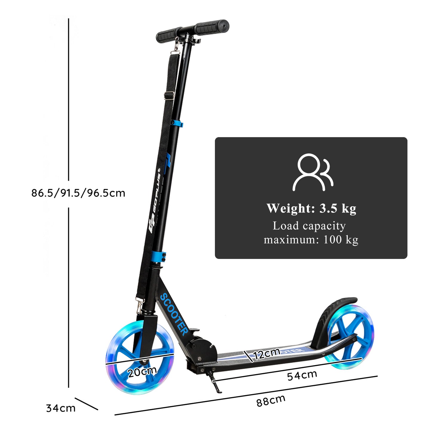 Folding Kick Push Scooter with Flashing LED Wheels-Blue