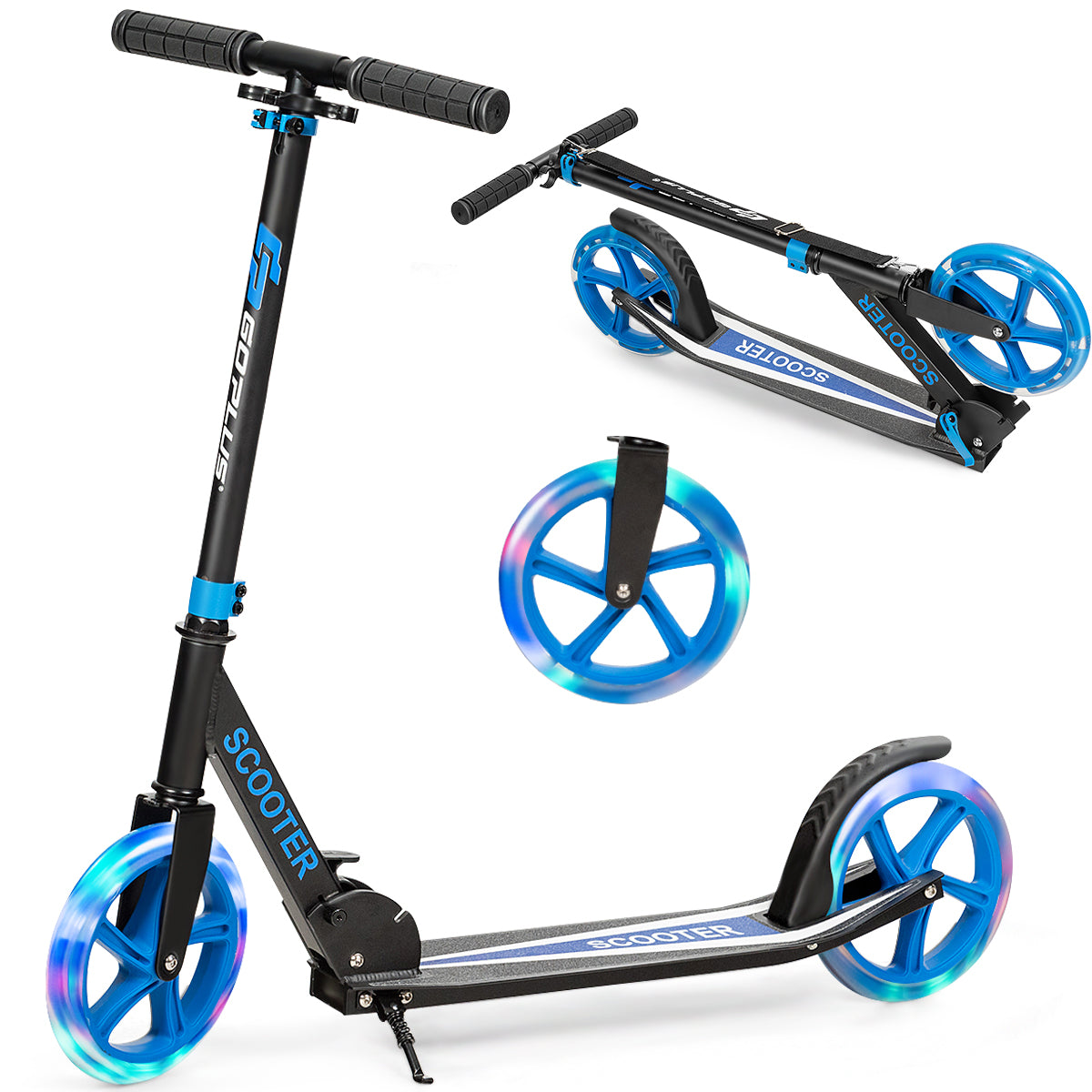 Folding Kick Push Scooter with Flashing LED Wheels-Blue