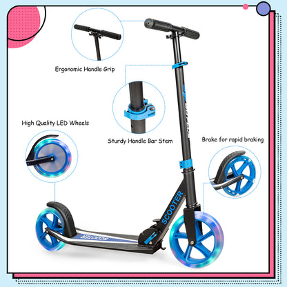Folding Kick Push Scooter with Flashing LED Wheels-Blue