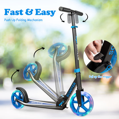 Folding Kick Push Scooter with Flashing LED Wheels-Blue
