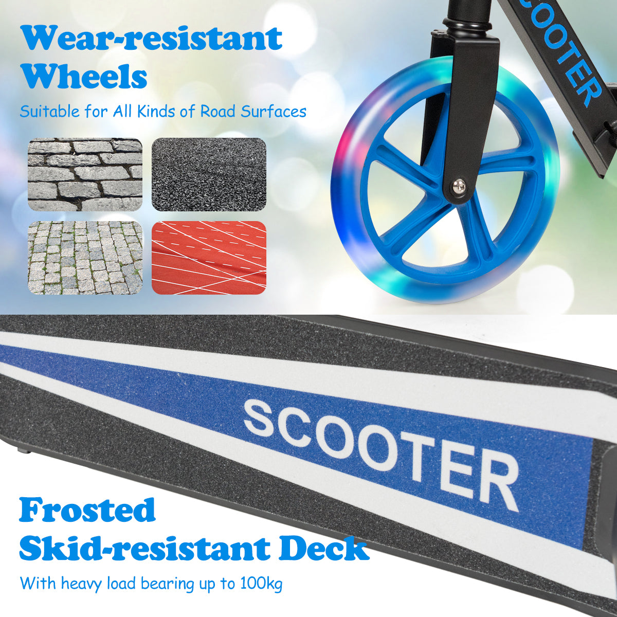 Folding Kick Push Scooter with Flashing LED Wheels-Blue