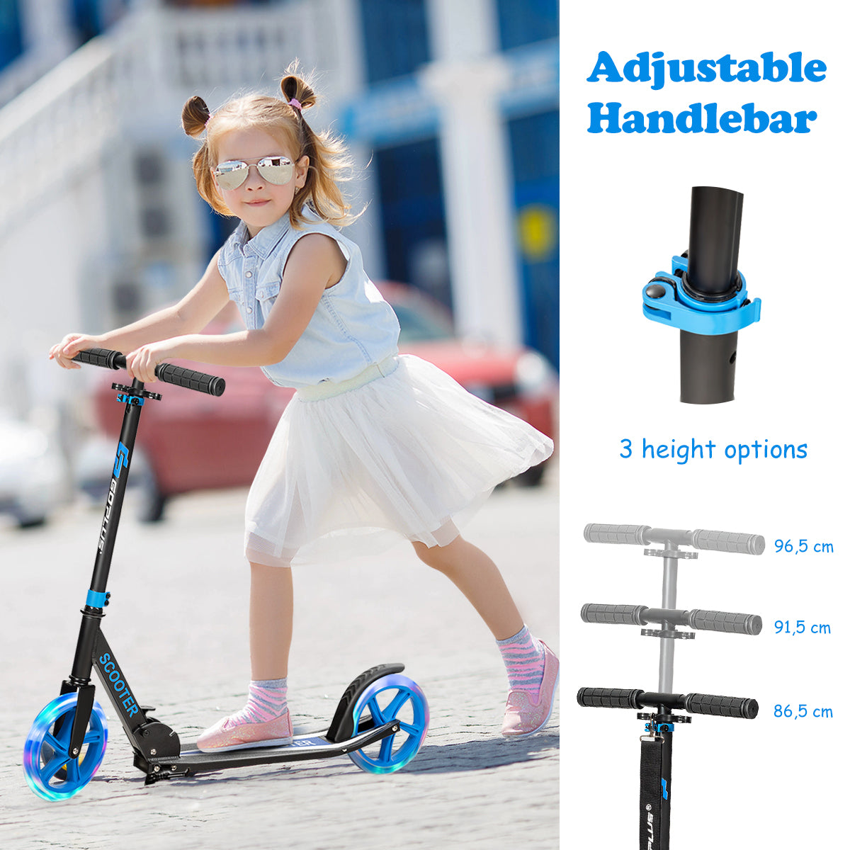 Folding Kick Push Scooter with Flashing LED Wheels-Blue