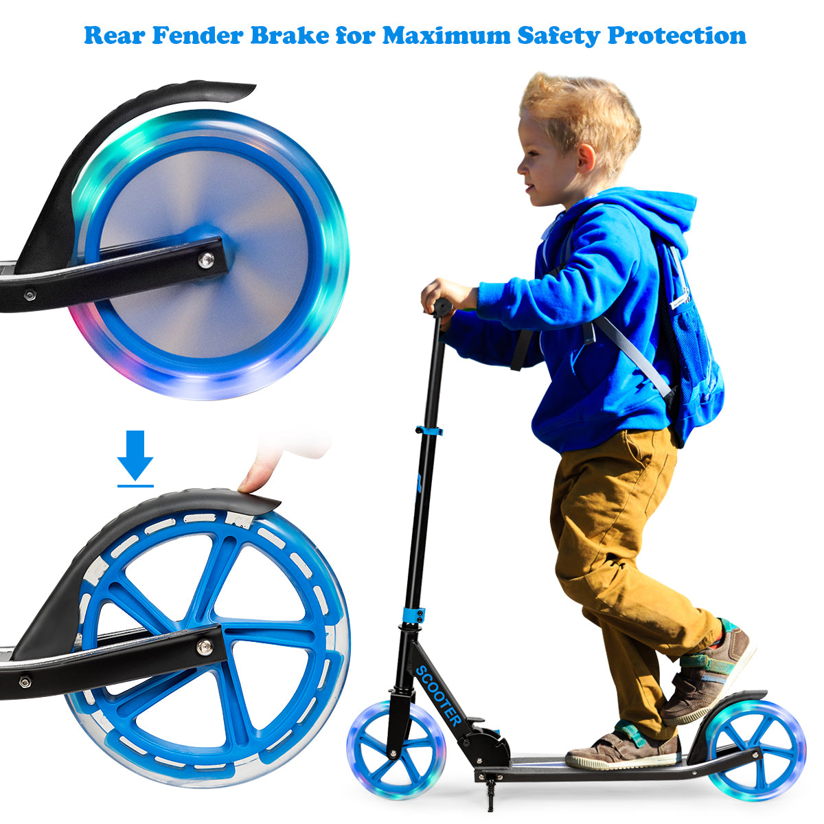Folding Kick Push Scooter with Flashing LED Wheels-Blue