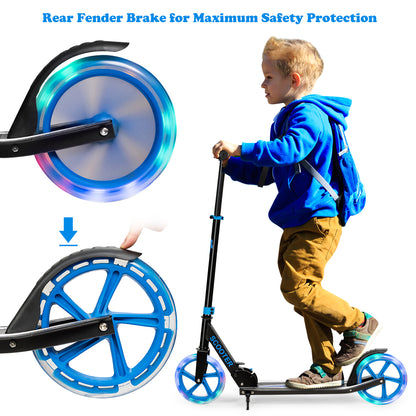 Folding Kick Push Scooter with Flashing LED Wheels-Blue