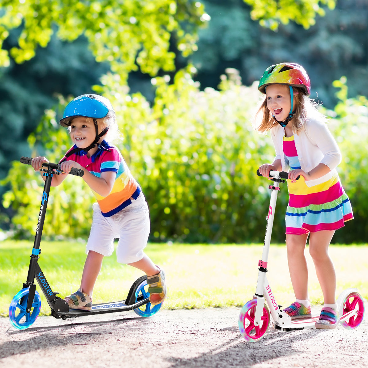 Folding Kick Push Scooter with Flashing LED Wheels-Blue