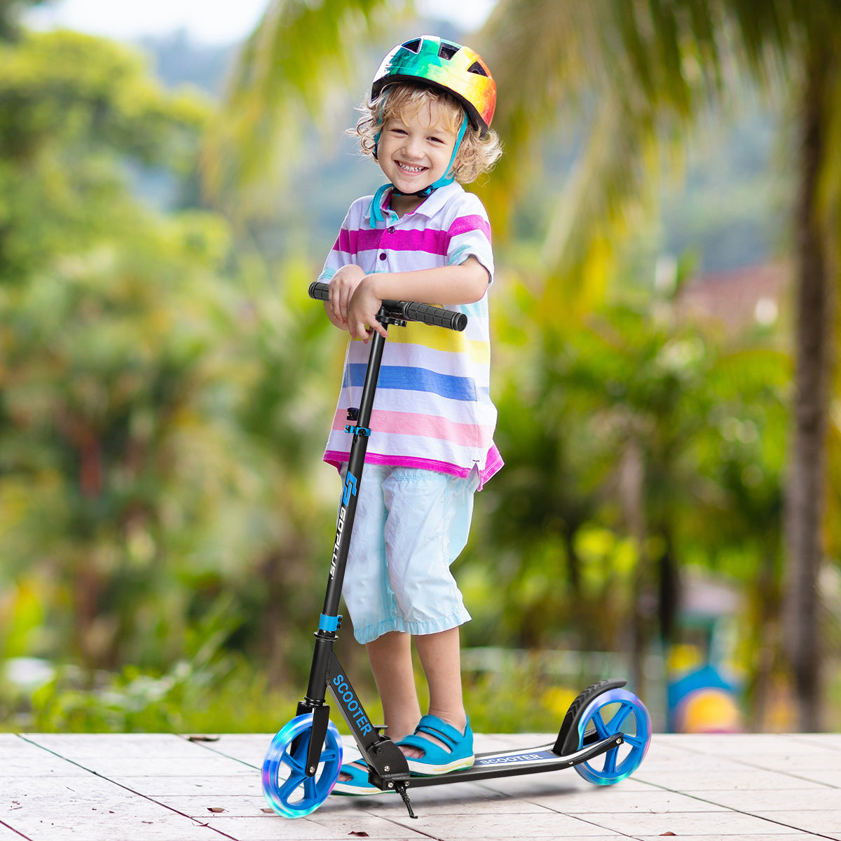 Folding Kick Push Scooter with Flashing LED Wheels-Blue