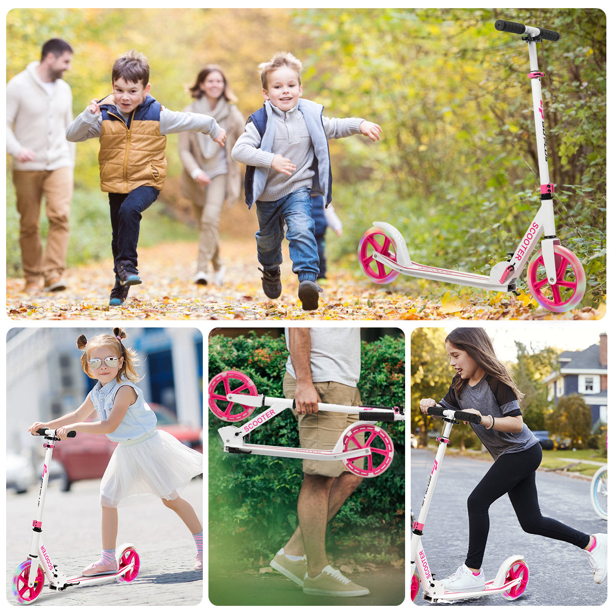 Folding Kick Push Scooter with Flashing LED Wheels-Pink