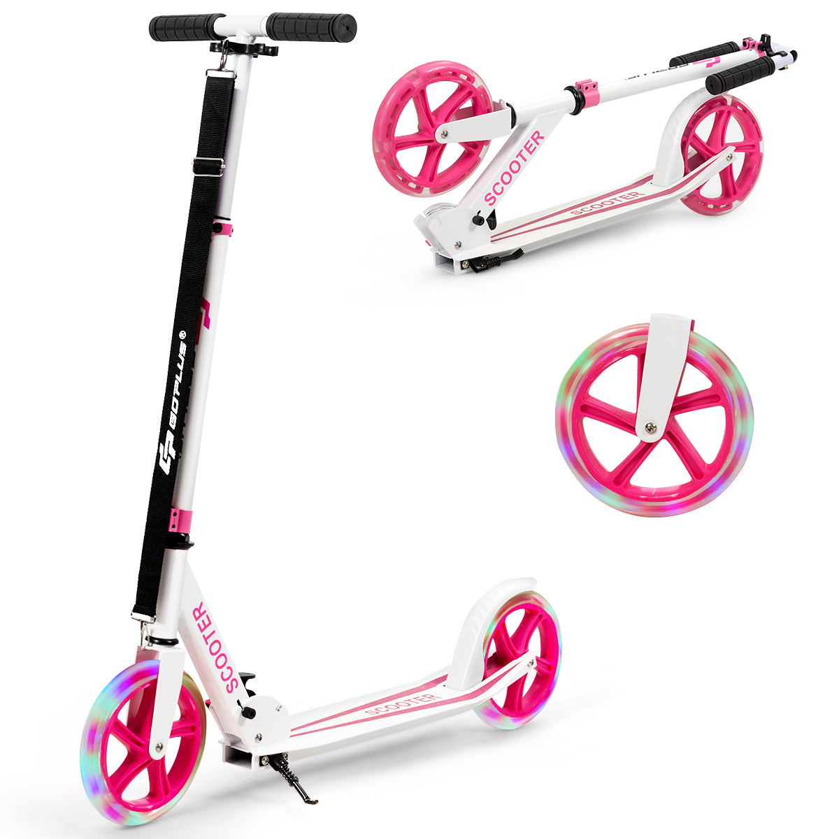 Folding Kick Push Scooter with Flashing LED Wheels-Pink