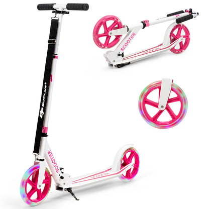 Folding Kick Push Scooter with Flashing LED Wheels-Pink