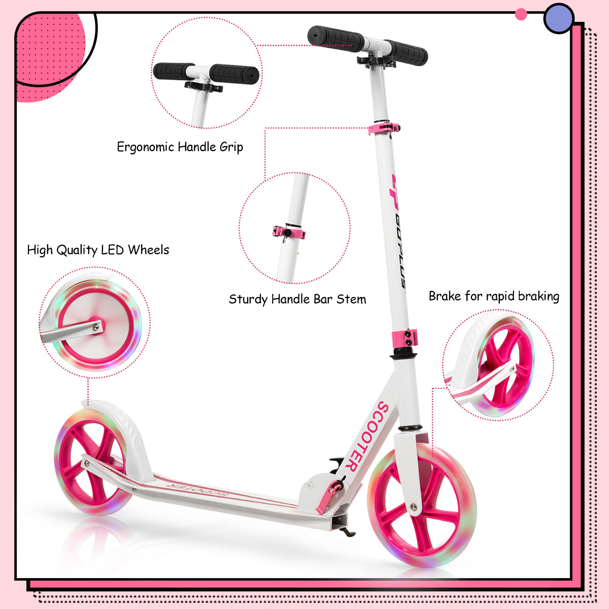 Folding Kick Push Scooter with Flashing LED Wheels-Pink
