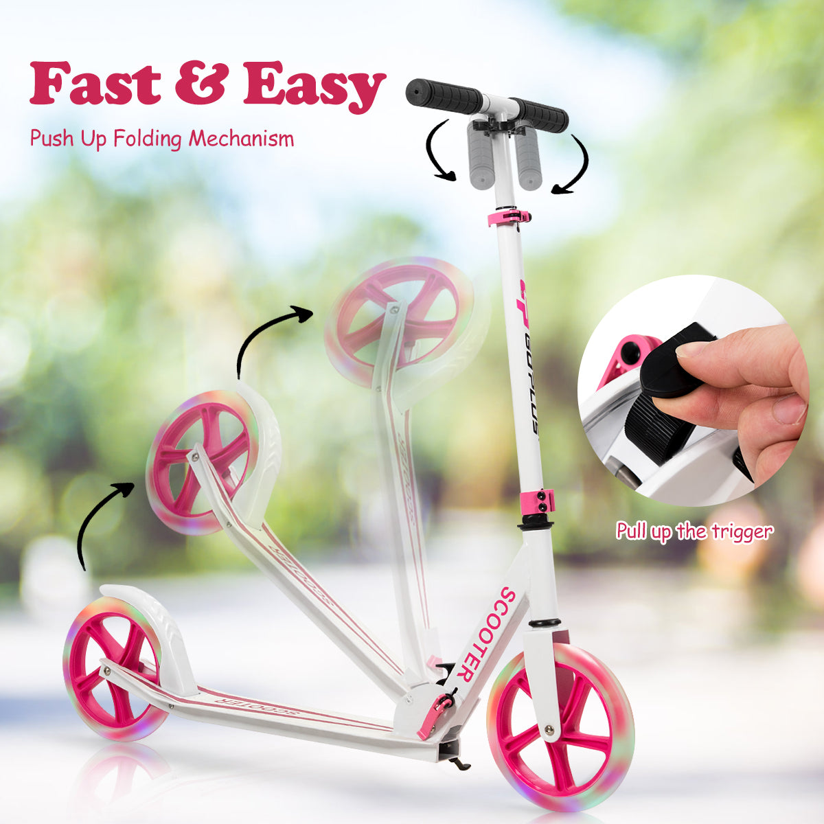 Folding Kick Push Scooter with Flashing LED Wheels-Pink