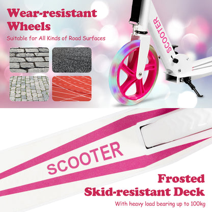 Folding Kick Push Scooter with Flashing LED Wheels-Pink