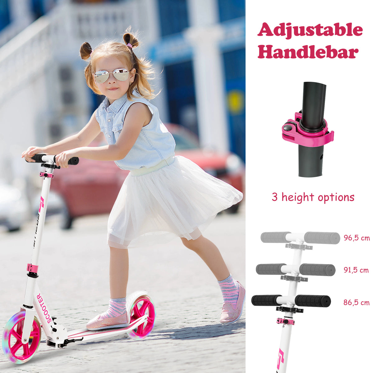 Folding Kick Push Scooter with Flashing LED Wheels-Pink