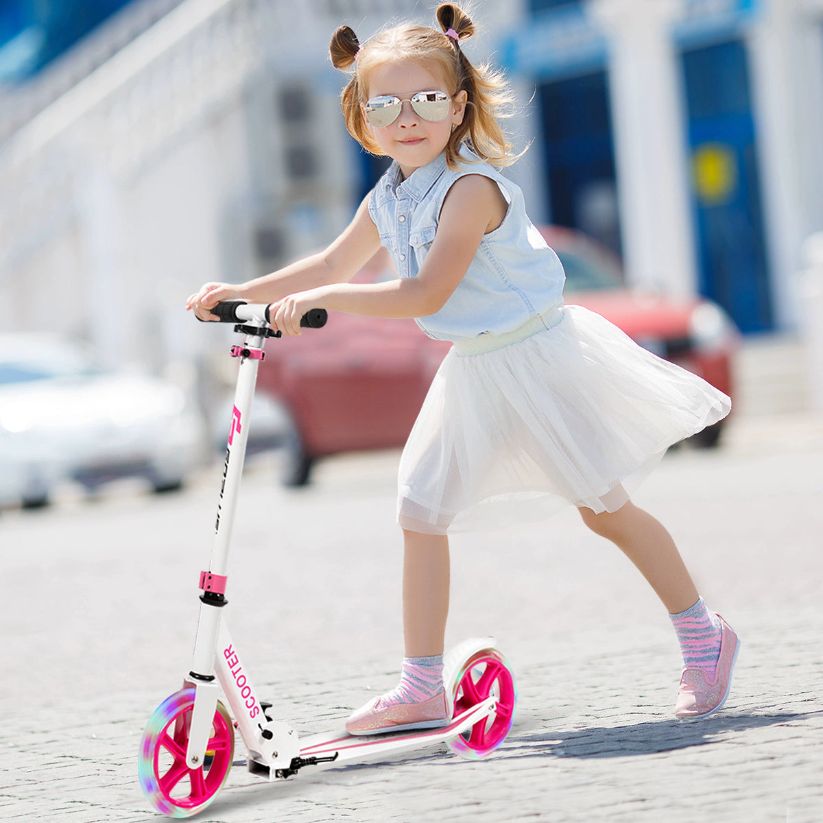 Folding Kick Push Scooter with Flashing LED Wheels-Pink
