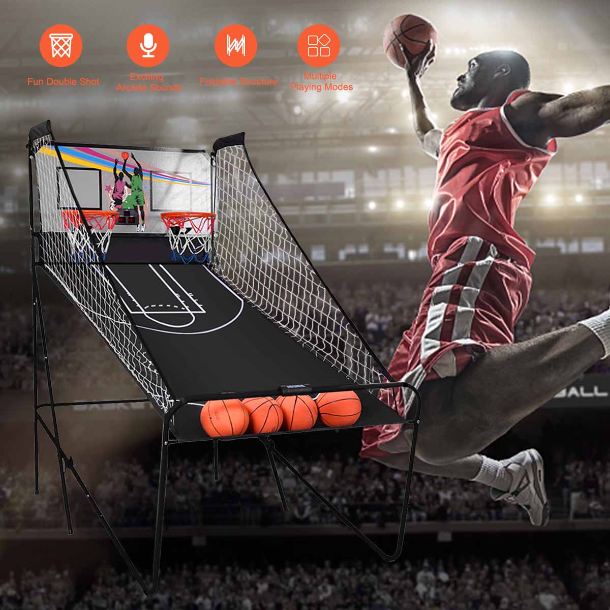 8-in-1 Electronic Basketball Hoop Arcade Game with 4 Balls-Black