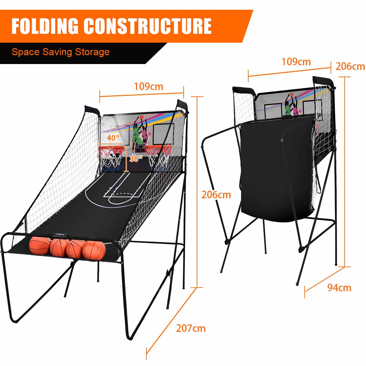 8-in-1 Electronic Basketball Hoop Arcade Game with 4 Balls-Black