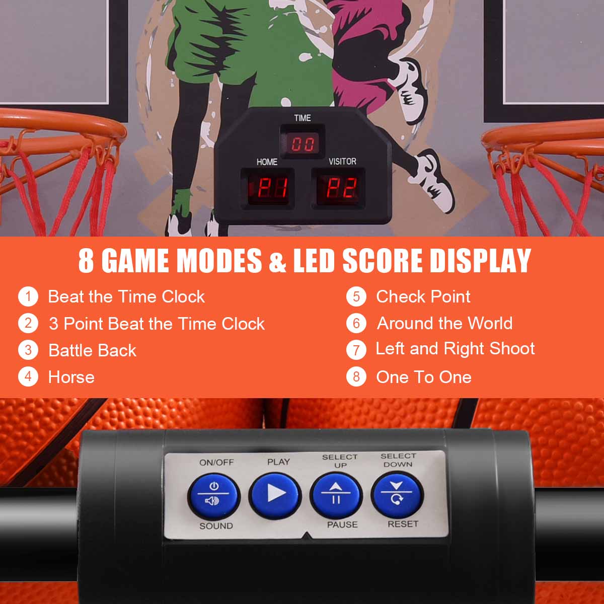 8-in-1 Electronic Basketball Hoop Arcade Game with 4 Balls-Black