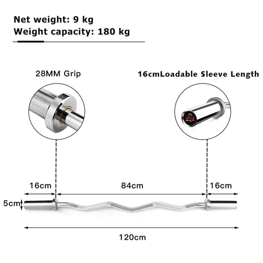 1.2m Olympic EZ Curl Bar, Copper Sleeves, 180kg Capacity, Non-Slip Grip