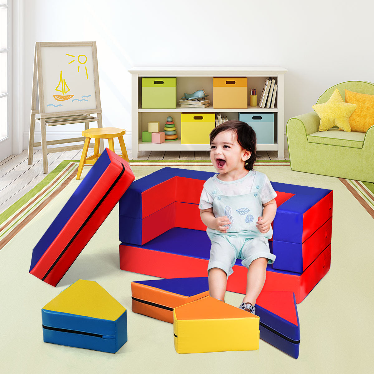 Costway 4-In-1 Multi-functional Combination Sofa Set with Durable PU Surface for Kids-Multicolour