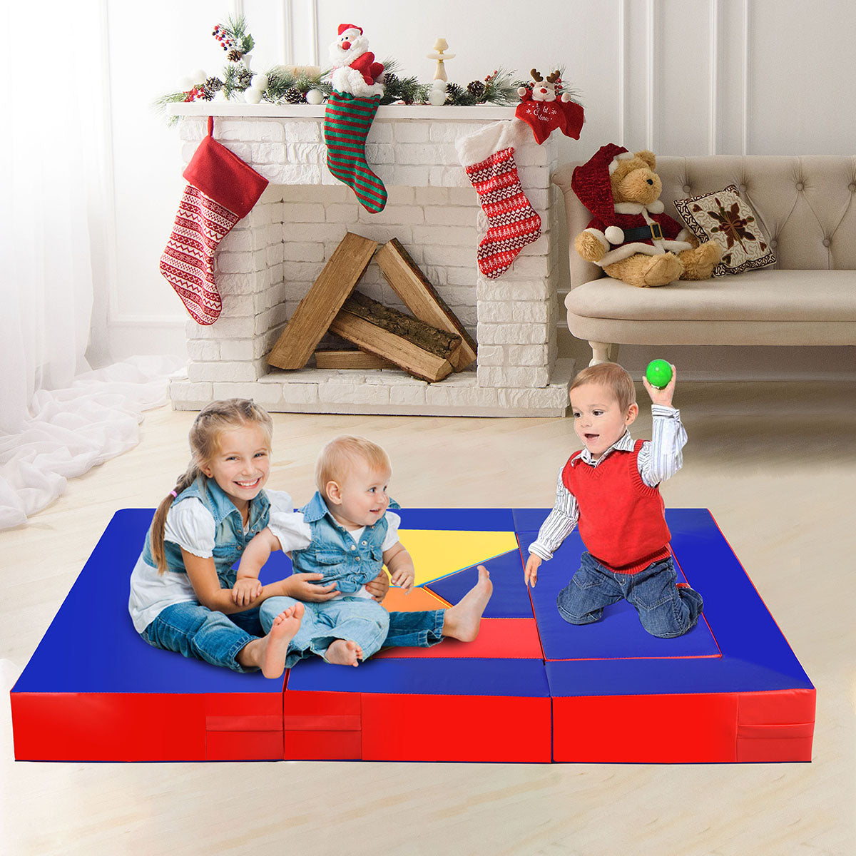 Costway 4-In-1 Multi-functional Combination Sofa Set with Durable PU Surface for Kids-Multicolour