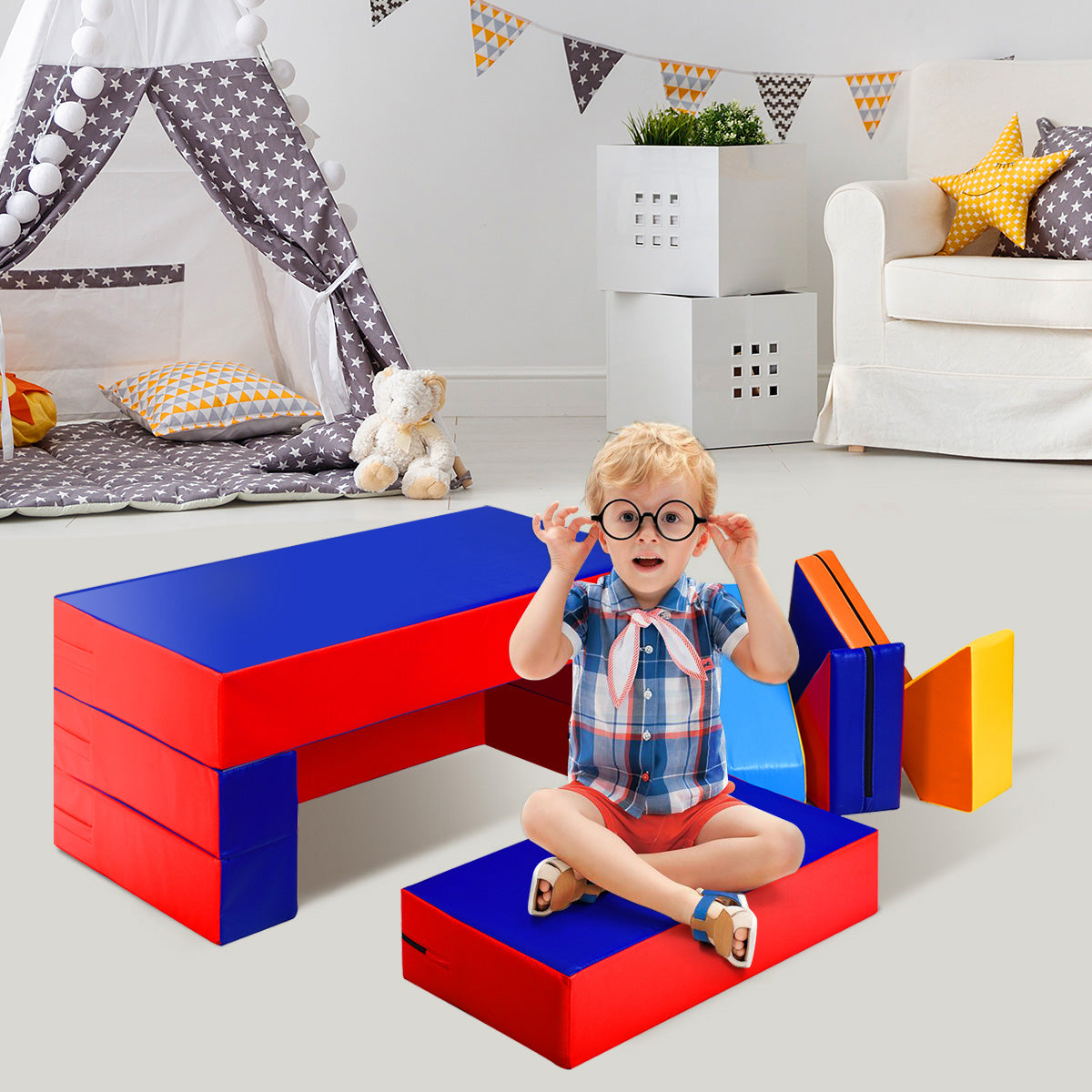 Costway 4-In-1 Multi-functional Combination Sofa Set with Durable PU Surface for Kids-Multicolour