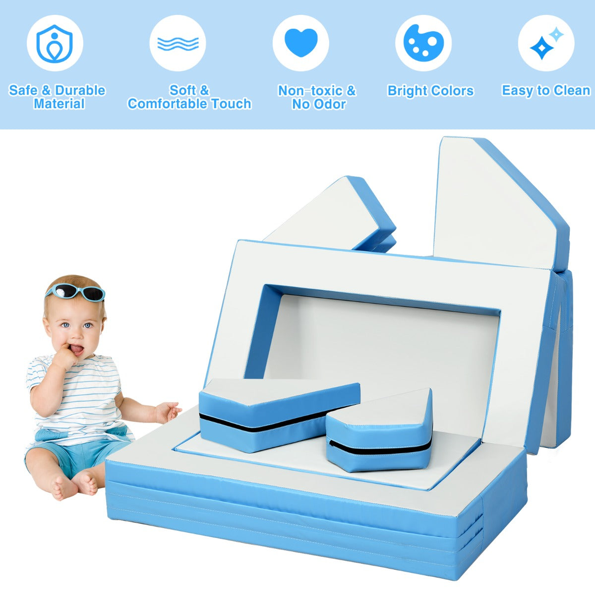 Costway 4-In-1 Multi-functional Combination Sofa Set with Durable PU Surface for Kids-Blue