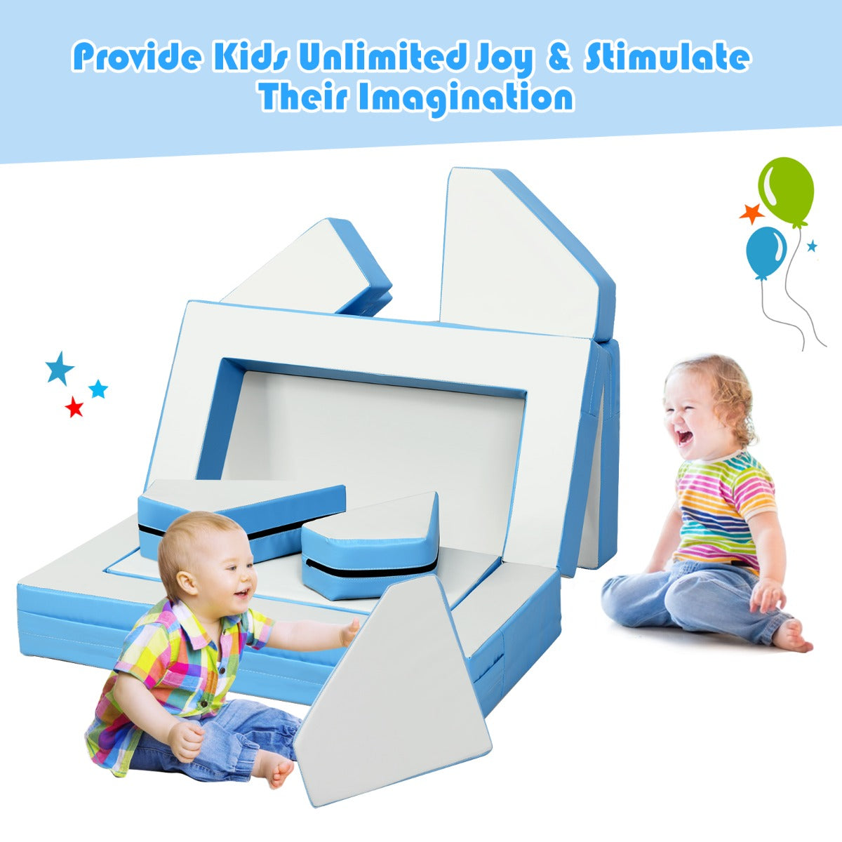 Costway 4-In-1 Multi-functional Combination Sofa Set with Durable PU Surface for Kids-Blue