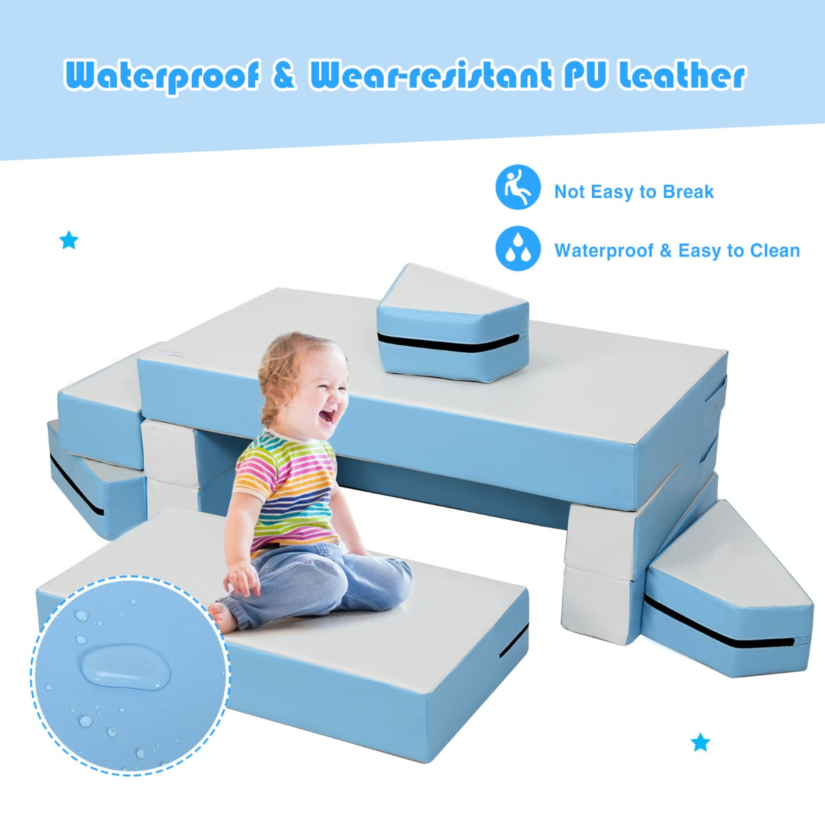 Costway 4-In-1 Multi-functional Combination Sofa Set with Durable PU Surface for Kids-Blue