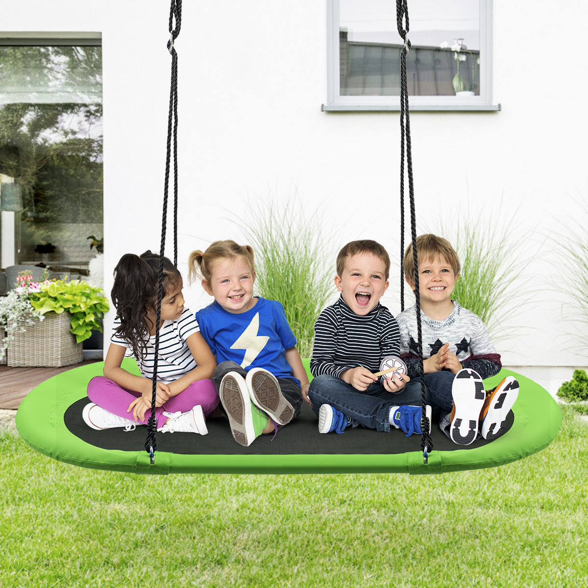 Flying Oval Tree Swing Set with Adjustable Hanging Ropes for Outdoor Use-Green