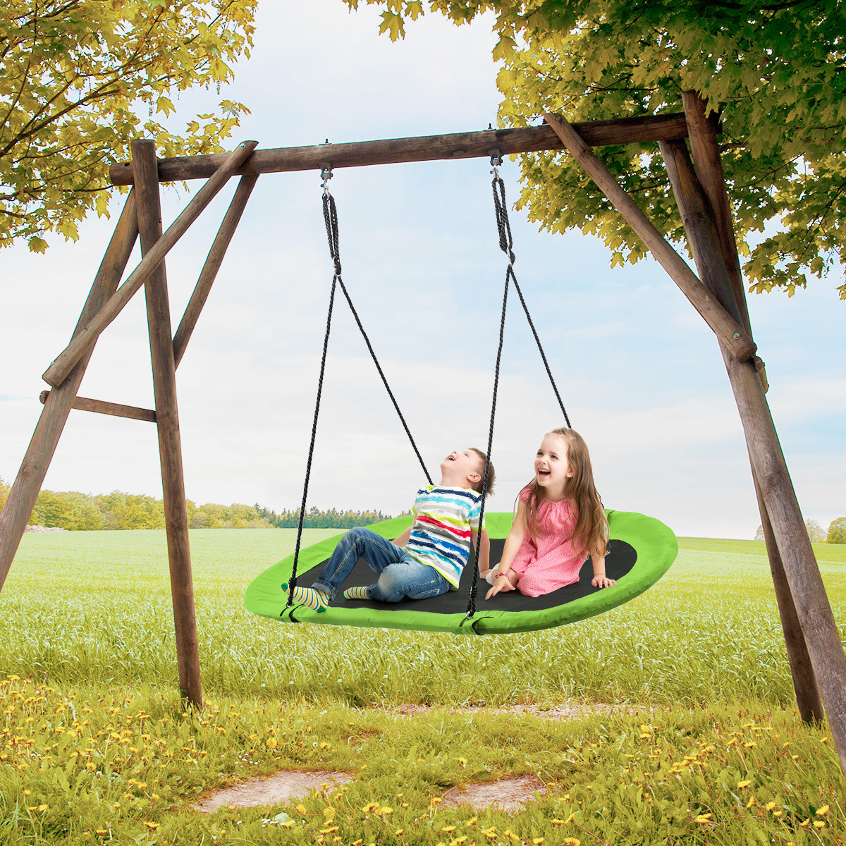 Flying Oval Tree Swing Set with Adjustable Hanging Ropes for Outdoor Use-Green