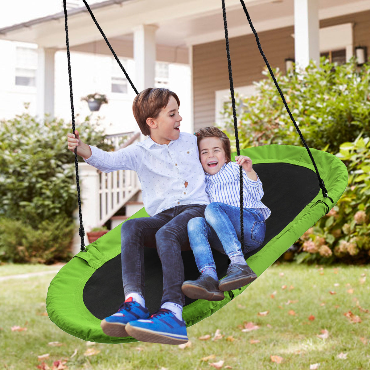 Flying Oval Tree Swing Set with Adjustable Hanging Ropes for Outdoor Use-Green