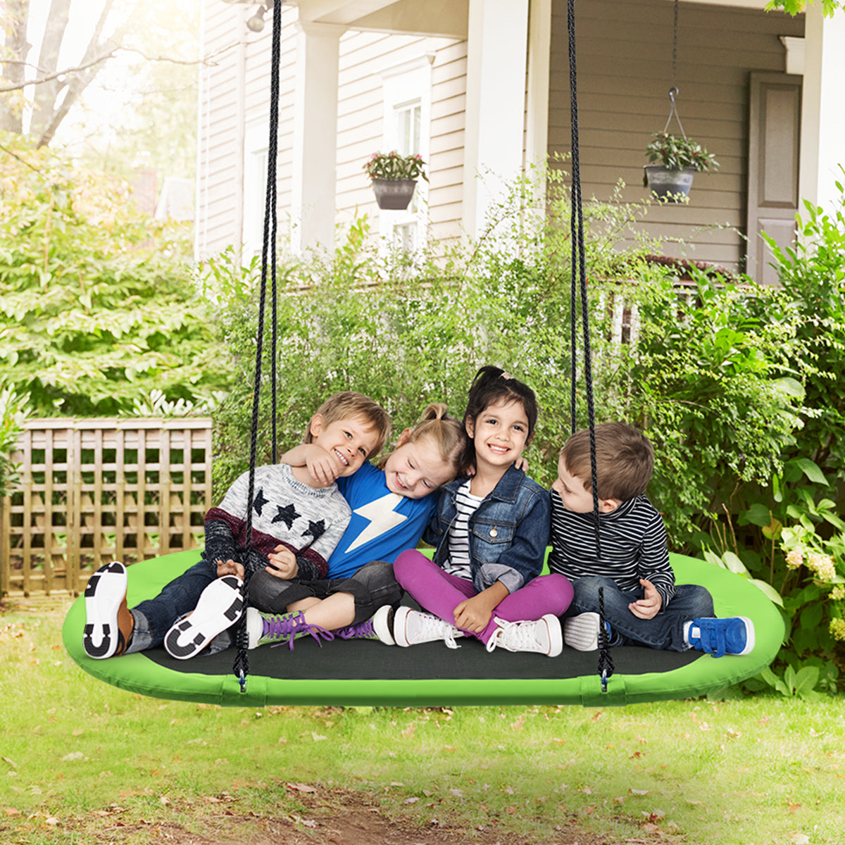 Flying Oval Tree Swing Set with Adjustable Hanging Ropes for Outdoor Use-Green