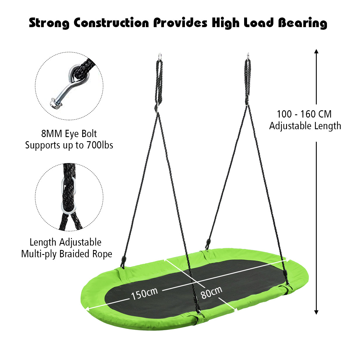 Flying Oval Tree Swing Set with Adjustable Hanging Ropes for Outdoor Use-Green