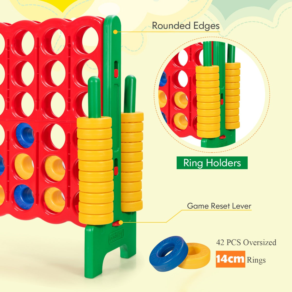 Giant Connect 4 in A Row with 42 Jumbo Rings for Garden & Beach-Green