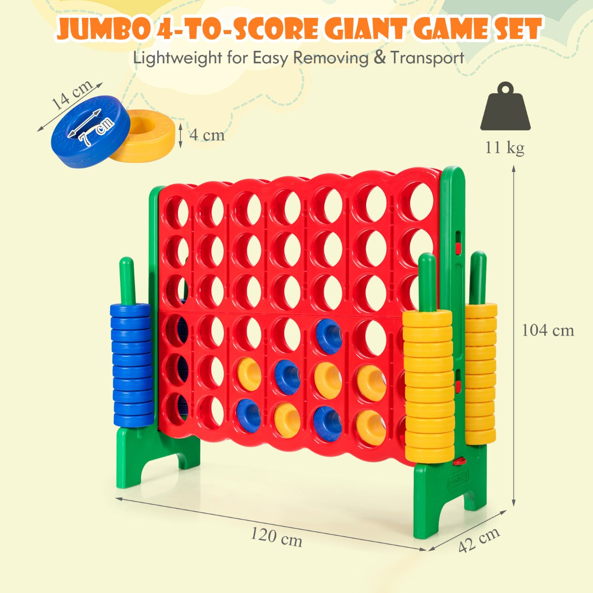 Giant Connect 4 in A Row with 42 Jumbo Rings for Garden & Beach-Green